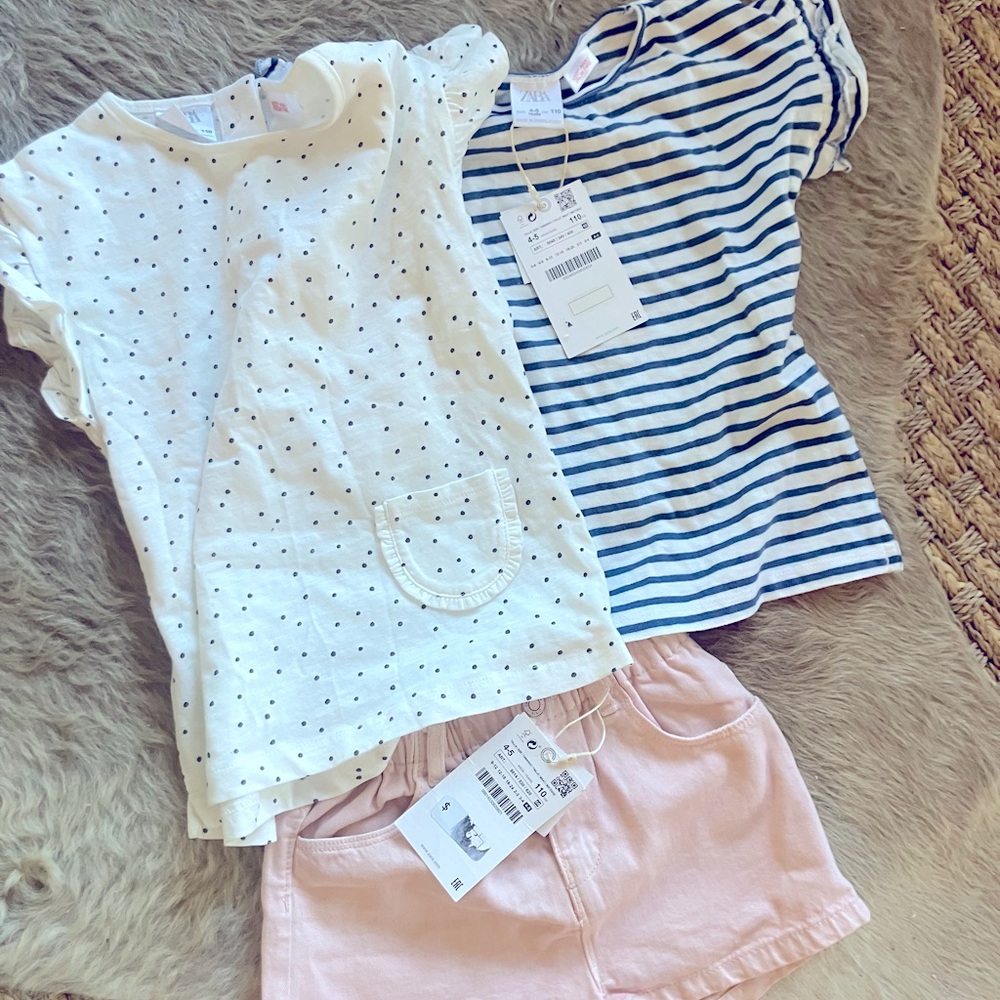 New ZARA girl shorts shirts with tags 4-5yrs 110 pink striped dotted super cute
